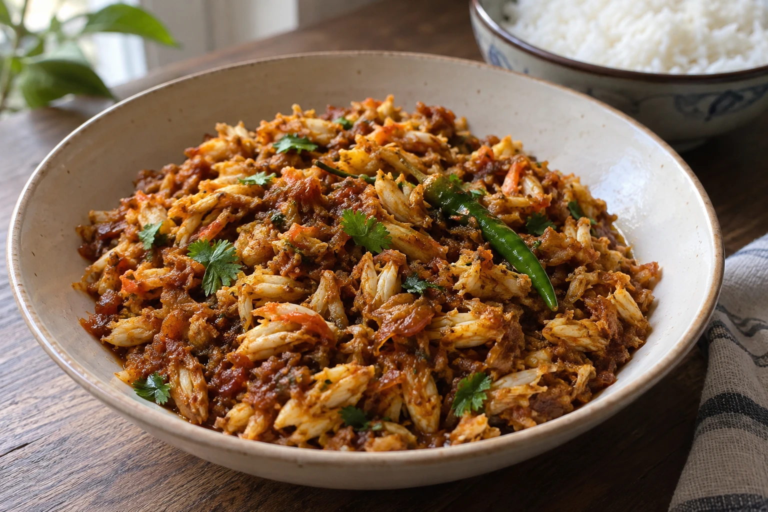Cooked picked crab flakes coated with onion and tomato masala in a shallow bowl beside rice