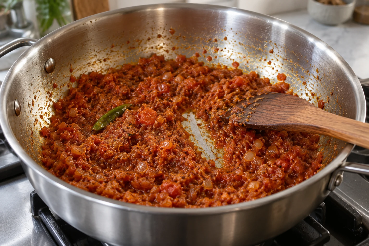 Reduced reddish onion and tomato masala in a steel pan with a channel drawn through it