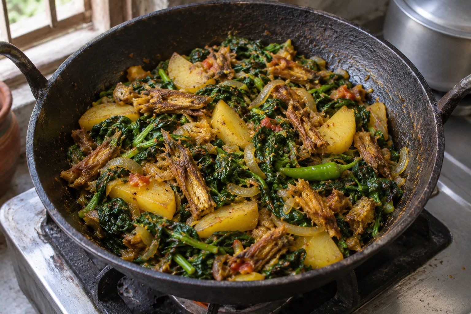 Dried-fish pieces with wilted spinach, potatoes and onion in an iron cooking pan