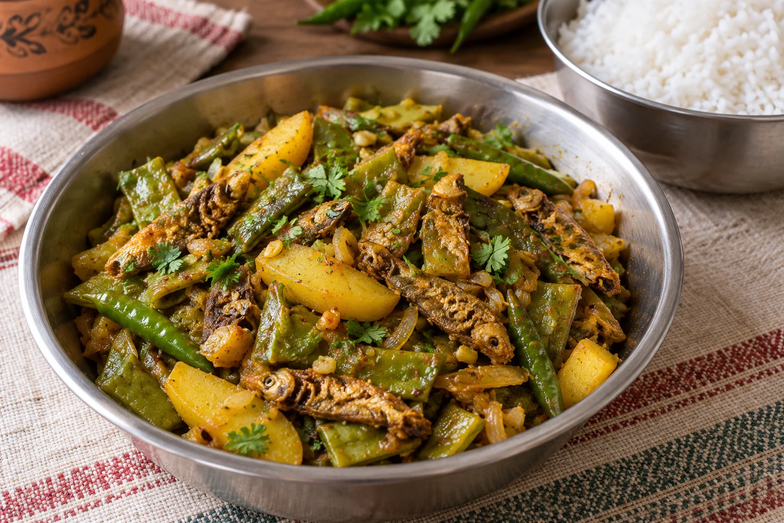 Cooked dried fish with flat beans, potato wedges, onion and spices in a steel bowl beside white rice