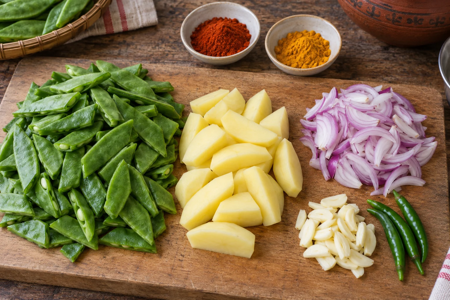 Cut flat beans, potato wedges, sliced onion, garlic, chilies and small bowls of ground spices