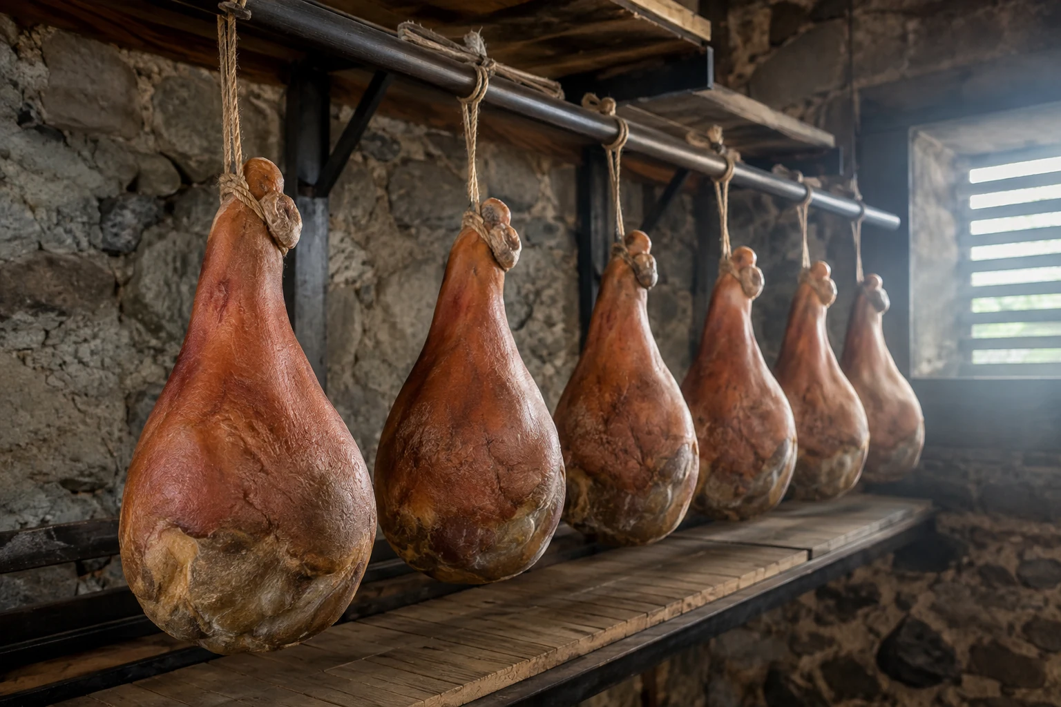 A row of bone-in cured hams hanging by cords in a cool stone curing room