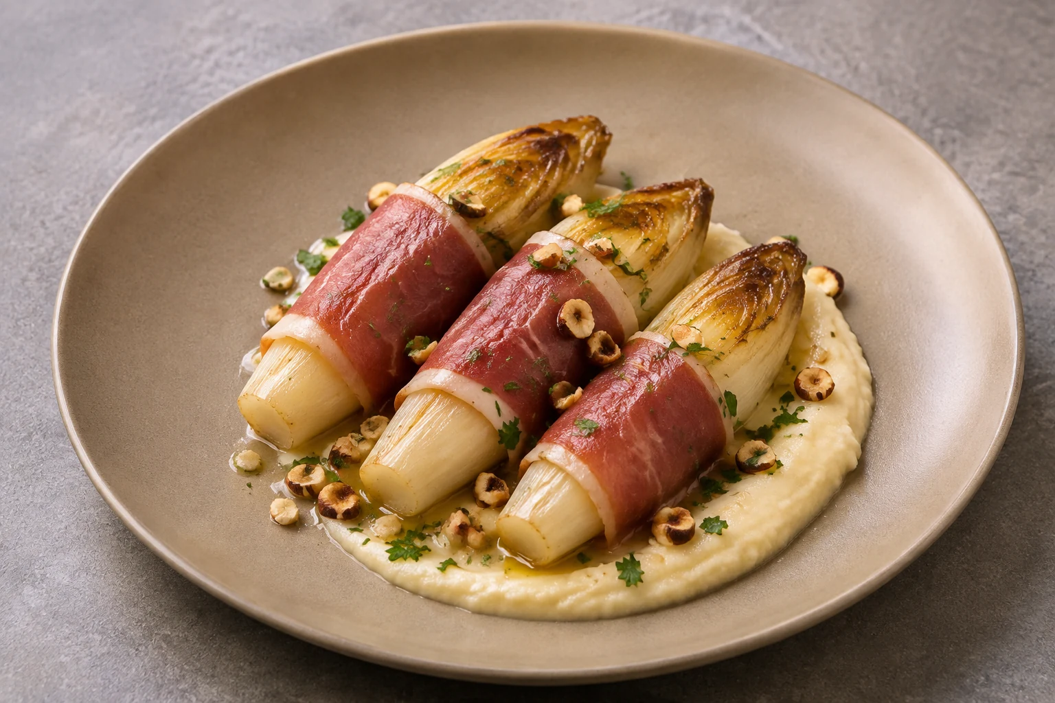 Braised Belgian endive wrapped in cured ham with celeriac mash, hazelnuts, and parsley
