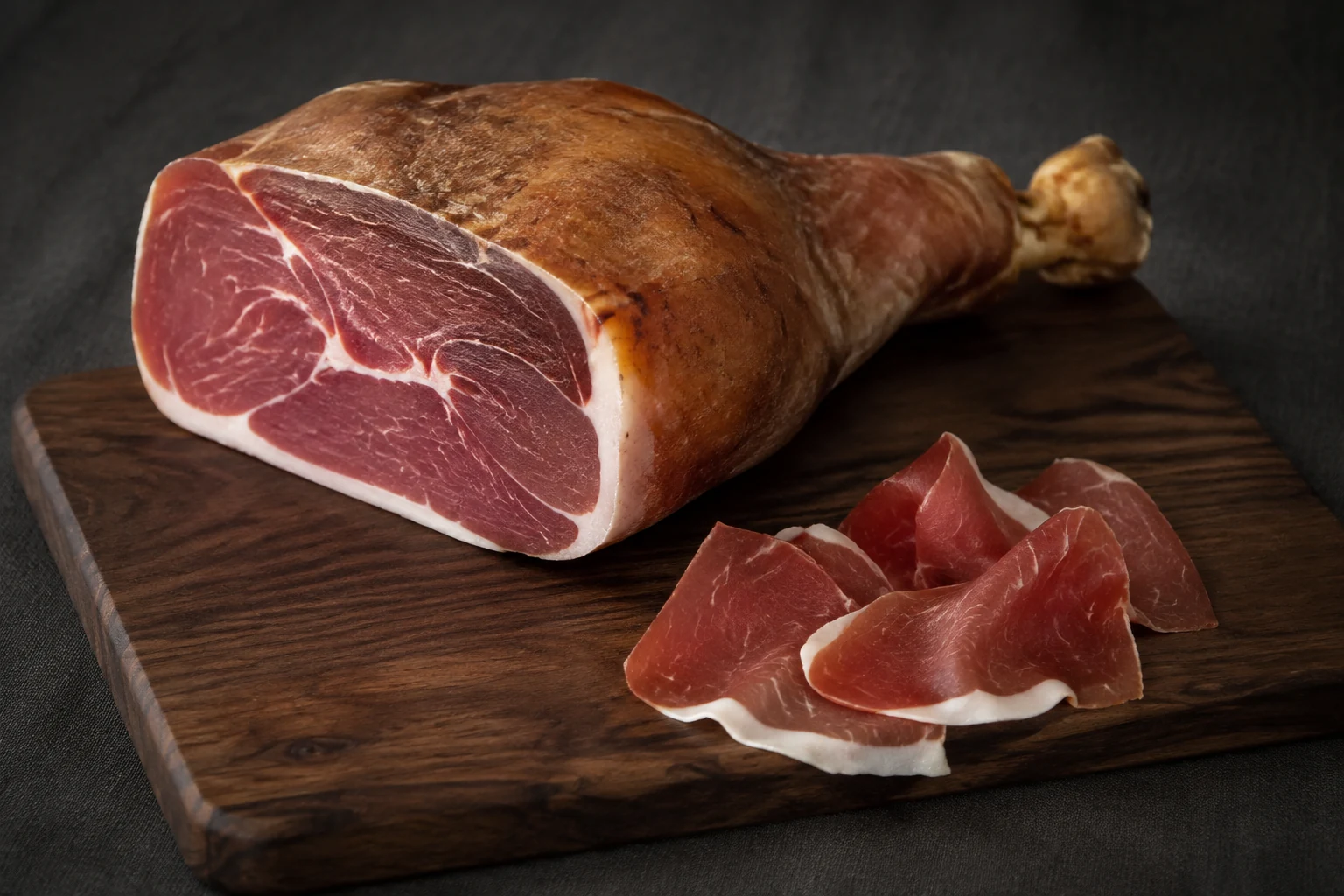 A bone-in dry-cured Ardennes ham with several thin slices on a dark wooden board