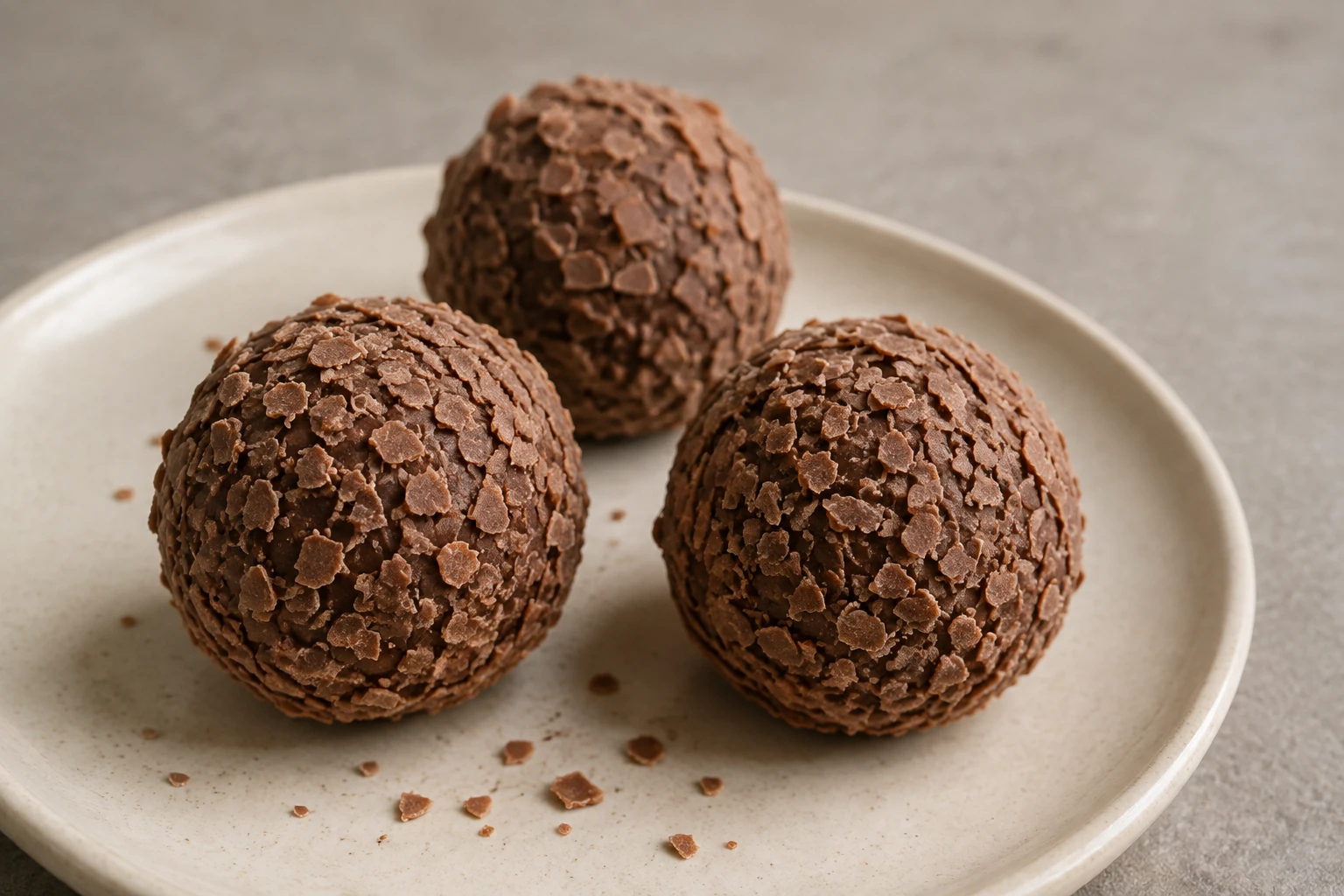 Three milk-chocolate truffles covered in small flat chocolate flakes