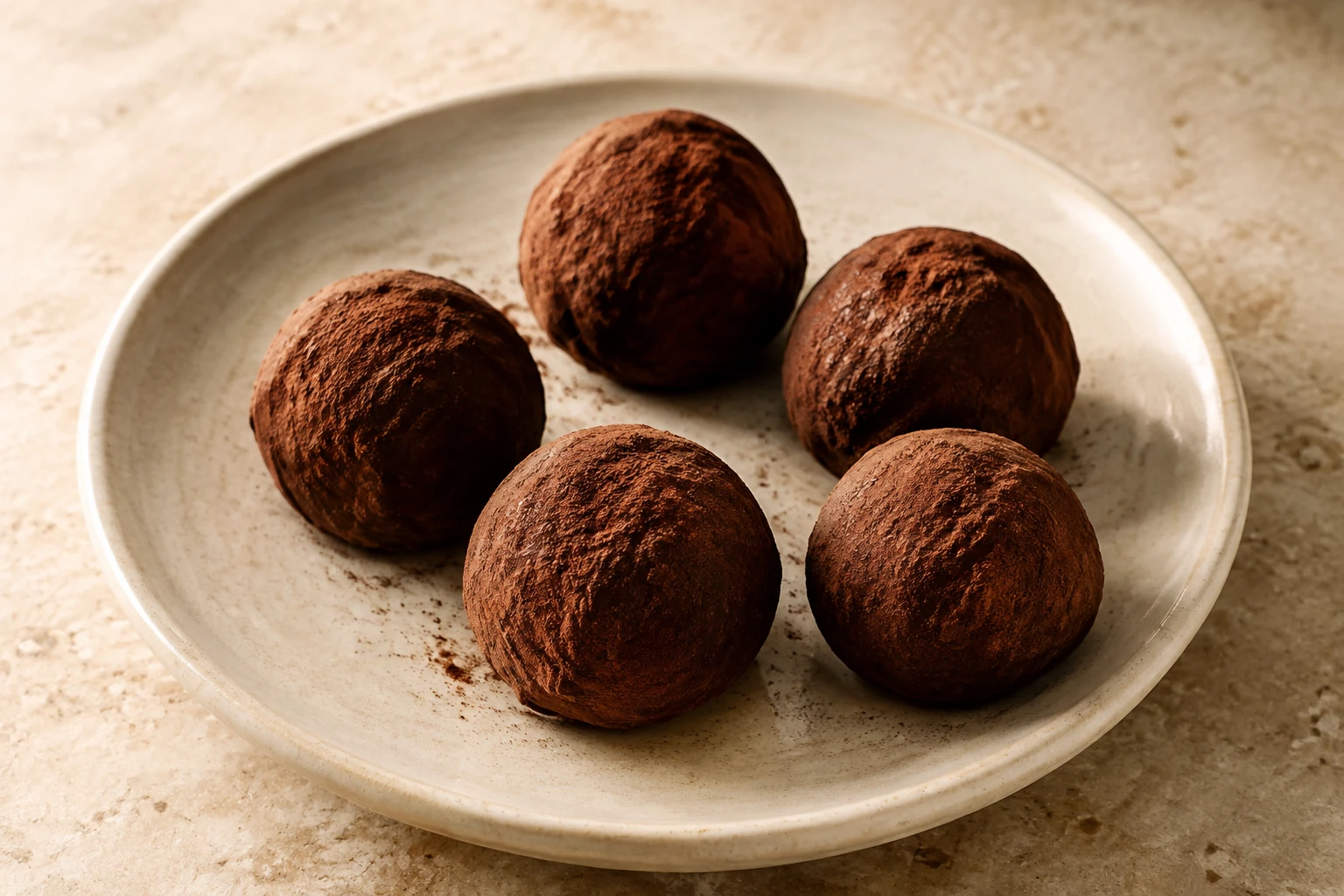 Five round chocolate truffles with irregular cocoa-dusted surfaces on an ivory plate