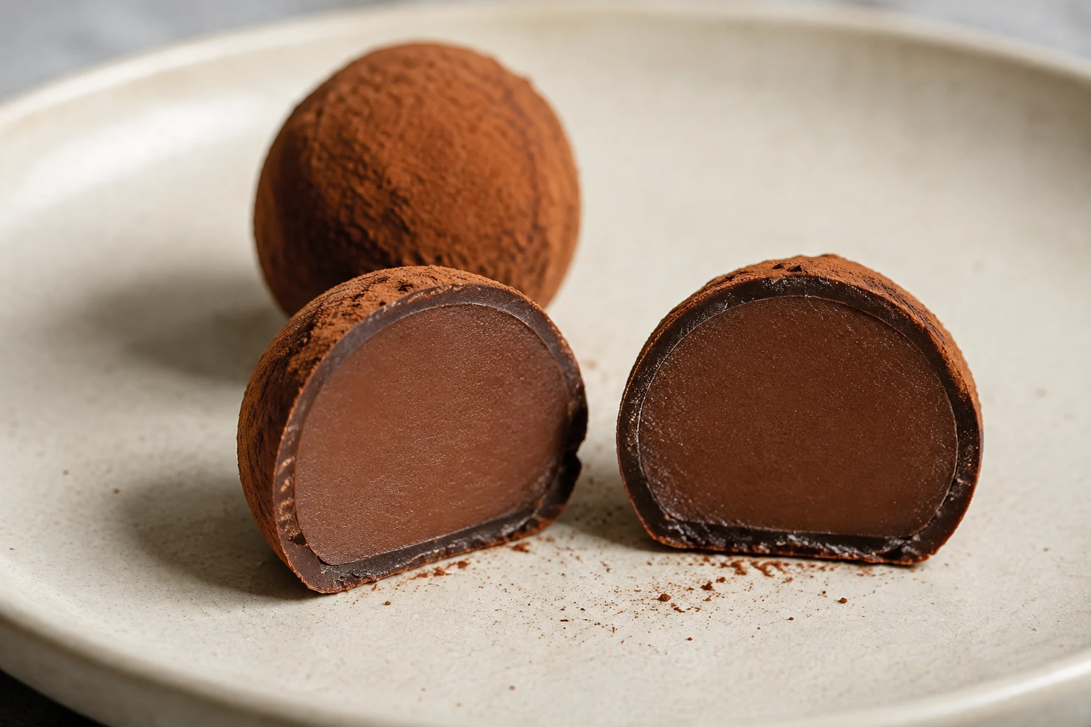 Two halves of a chocolate truffle showing a smooth brown center, dark chocolate shell and cocoa coating
