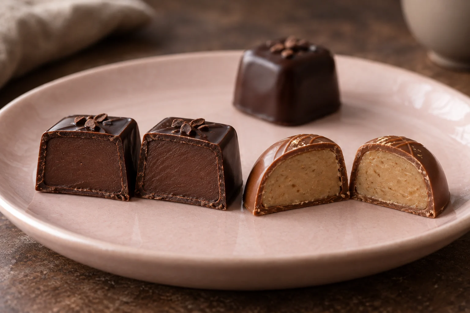Cut dark-chocolate and milk-chocolate pralines showing deep brown and tan centres on a pink plate
