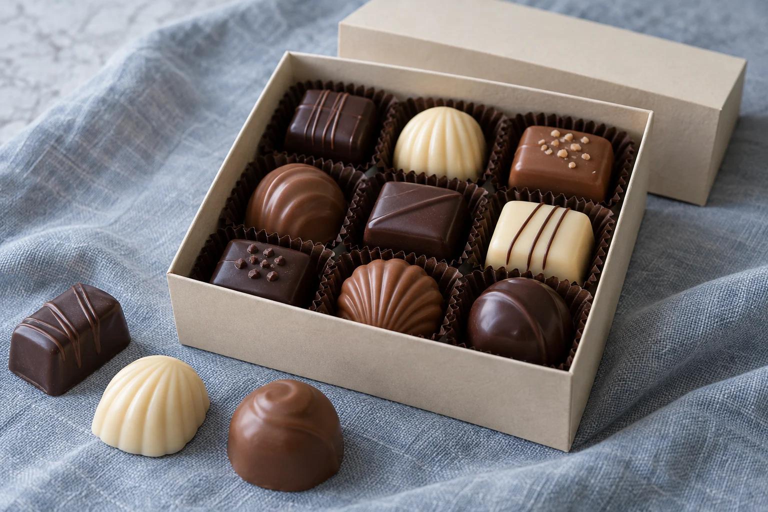 An open plain cardboard box of dark, milk and white Belgian pralines in individual paper cups