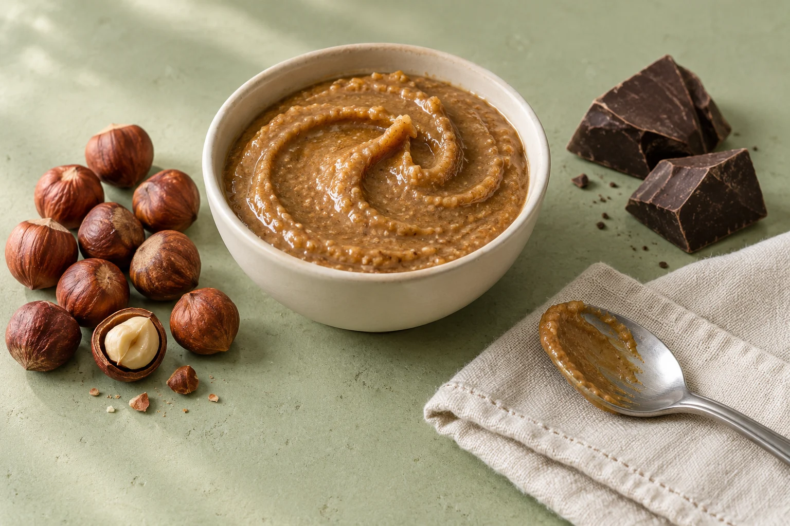 Golden hazelnut praliné paste in a bowl beside hazelnuts and separate dark chocolate pieces