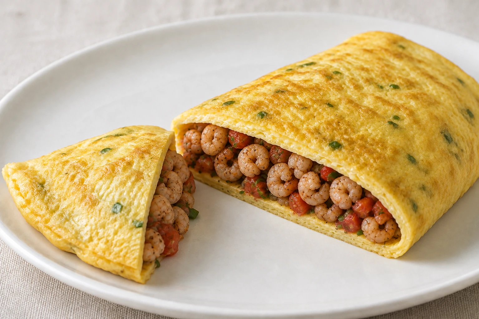 A cut section of omelette reveals little peeled shrimp and tomato inside the set egg