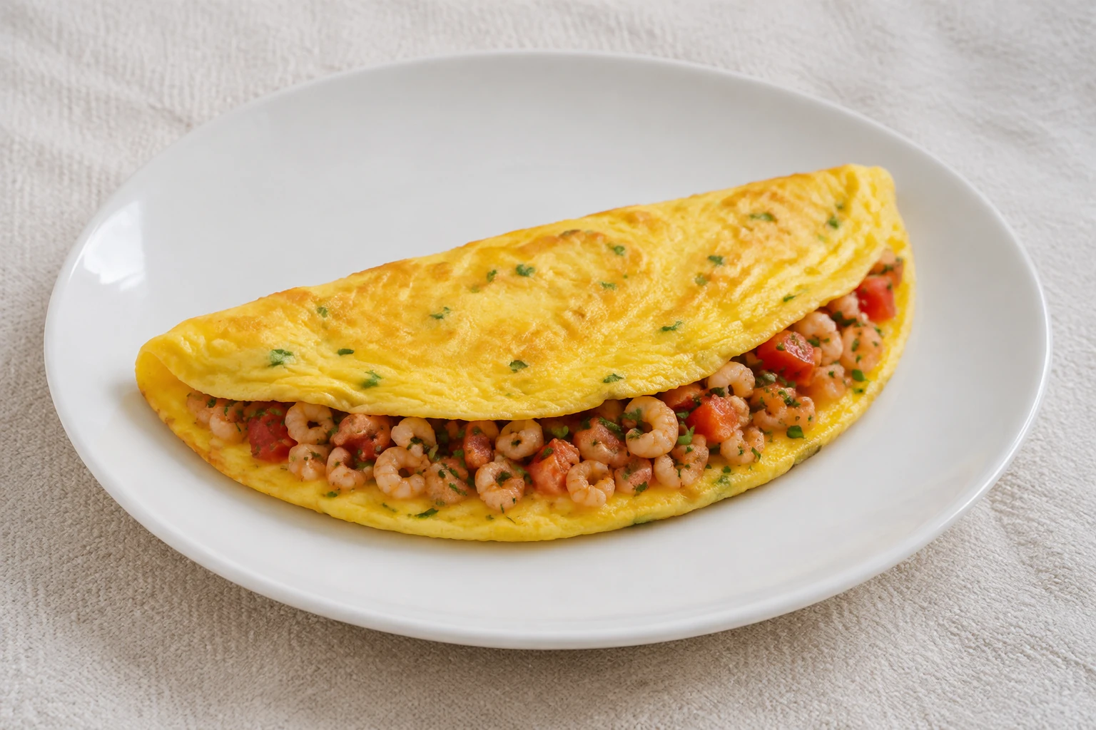 A folded yellow omelette with small peeled brown shrimp, diced tomato and chives visible along the opening