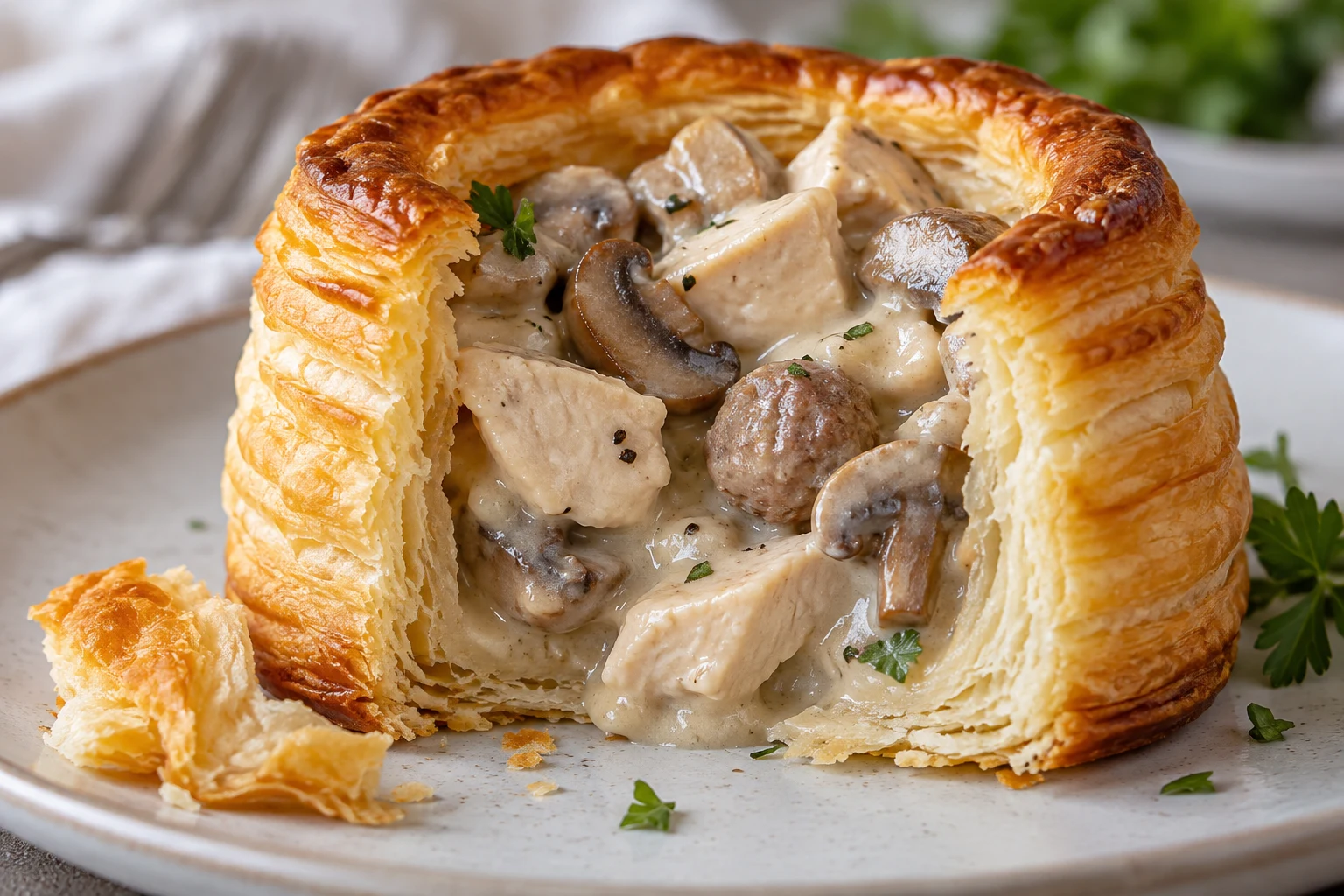 Cut-open puff-pastry case showing crisp laminated layers and chicken, mushroom and meatball filling.