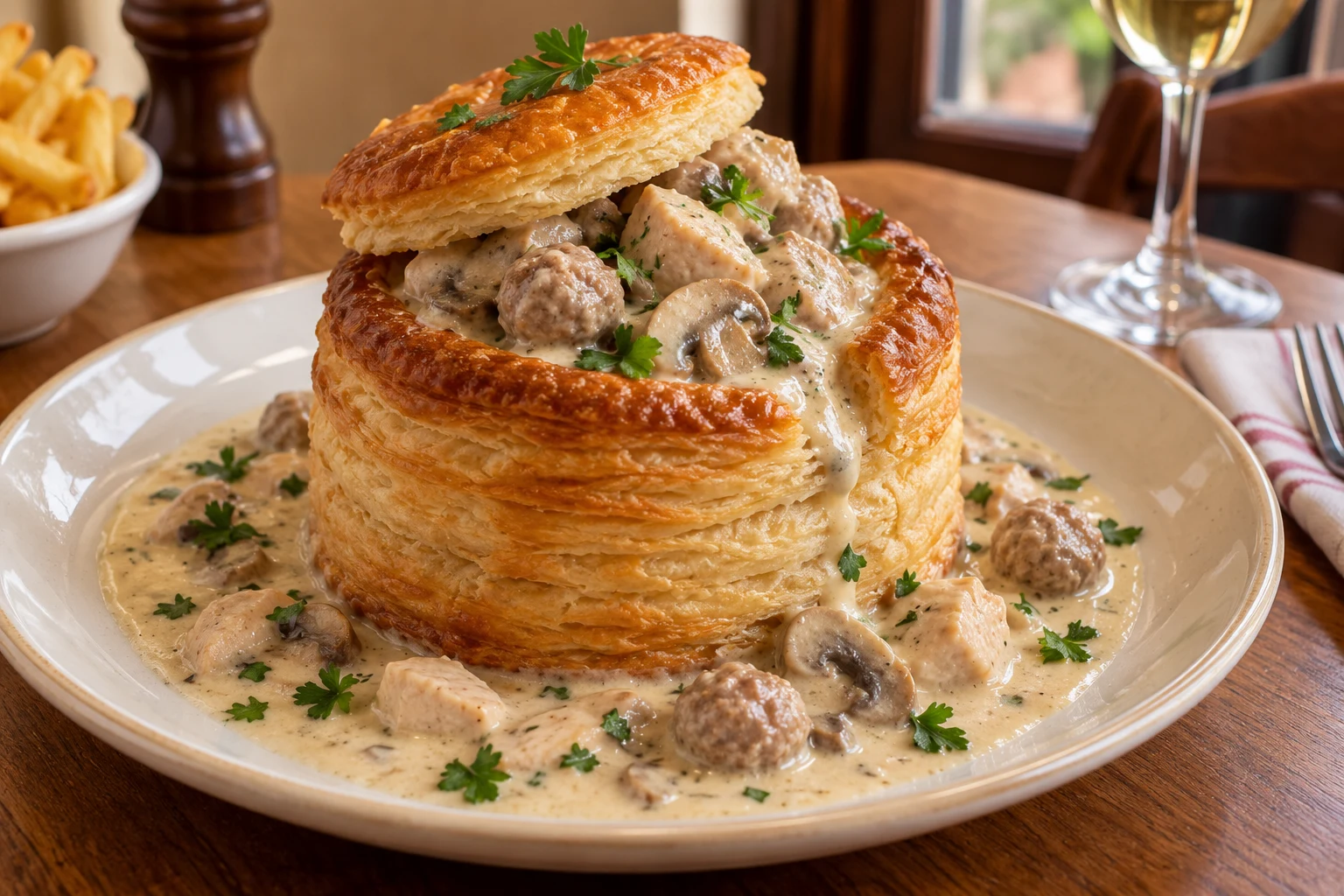 Golden puff-pastry case filled with creamy chicken, small meatballs and mushrooms, with its pastry lid and extra sauce on the plate.