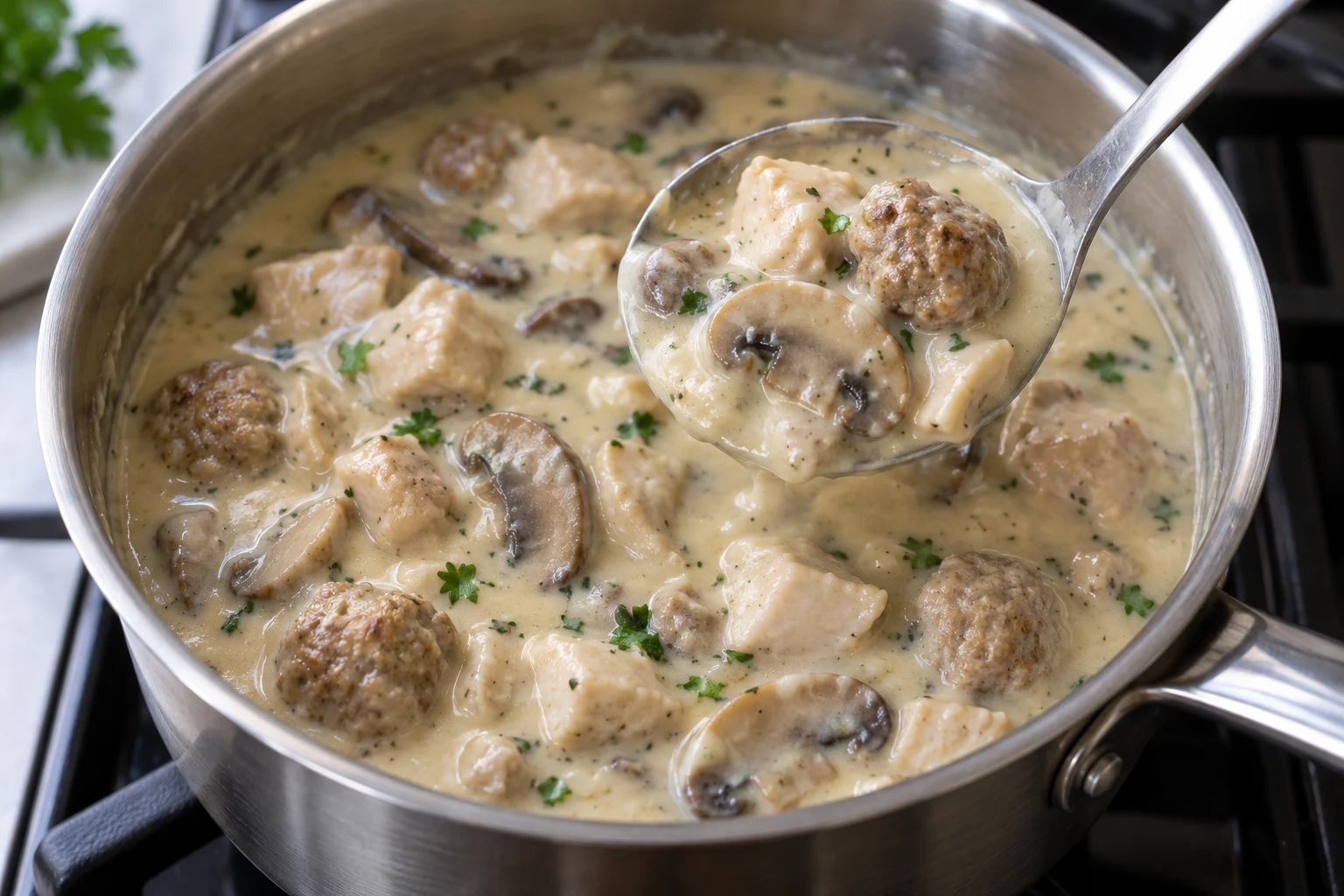 Ladle lifting creamy cooked chicken, small meatballs and sliced mushrooms from a saucepan of vol-au-vent filling.