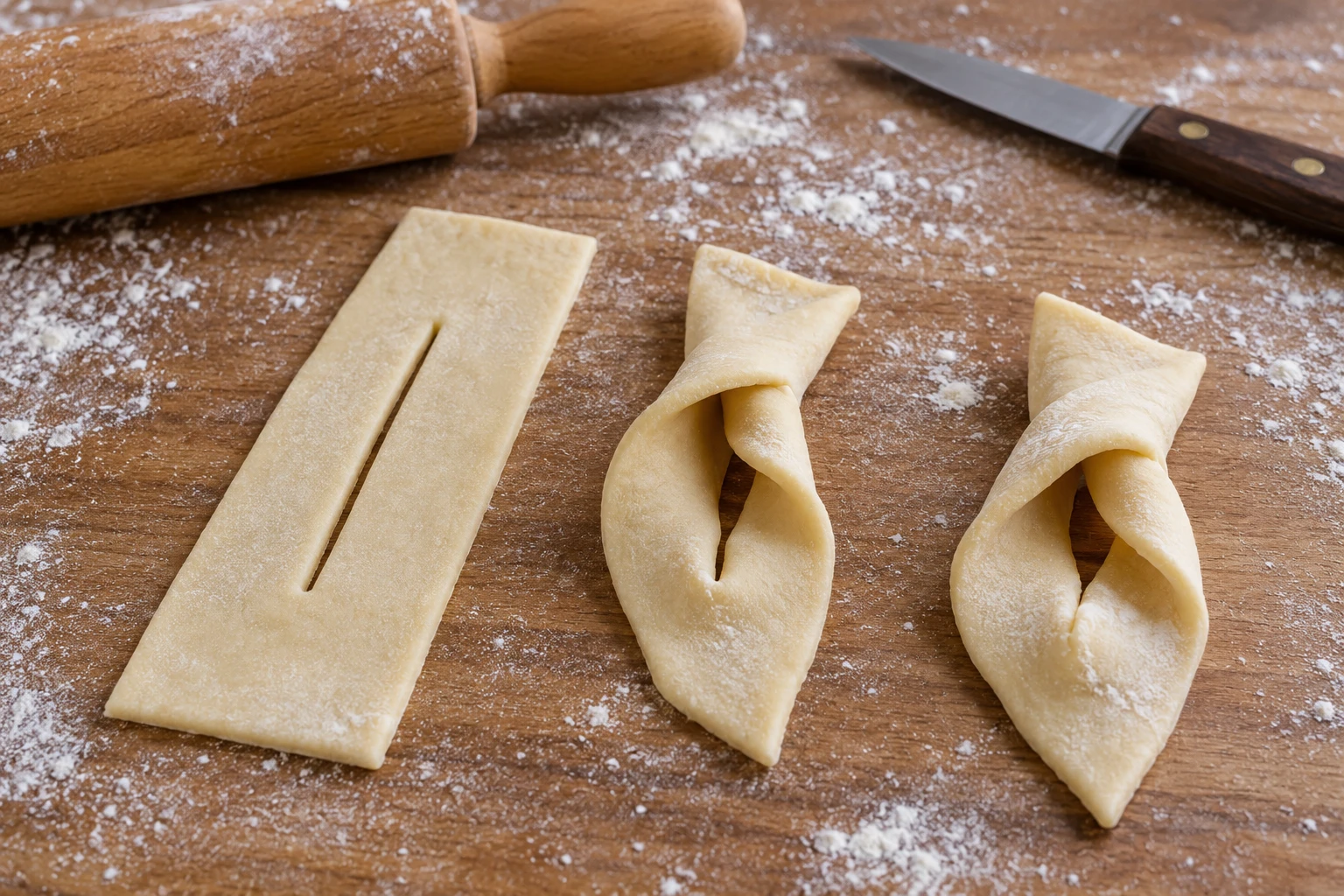 A raw rectangular dough strip with a central lengthwise slit beside two raw pastries turned through that slit.