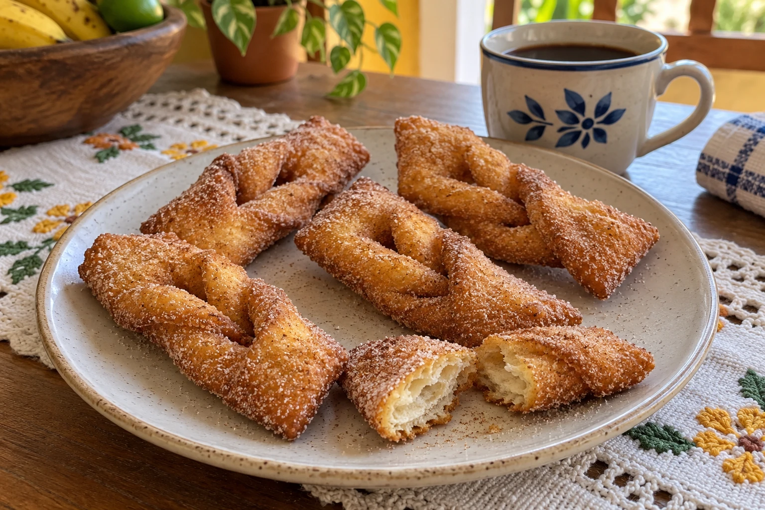 Golden twisted cueca virada pastries dusted with cinnamon sugar, with a broken pastry showing its crumb and a cup of coffee behind.