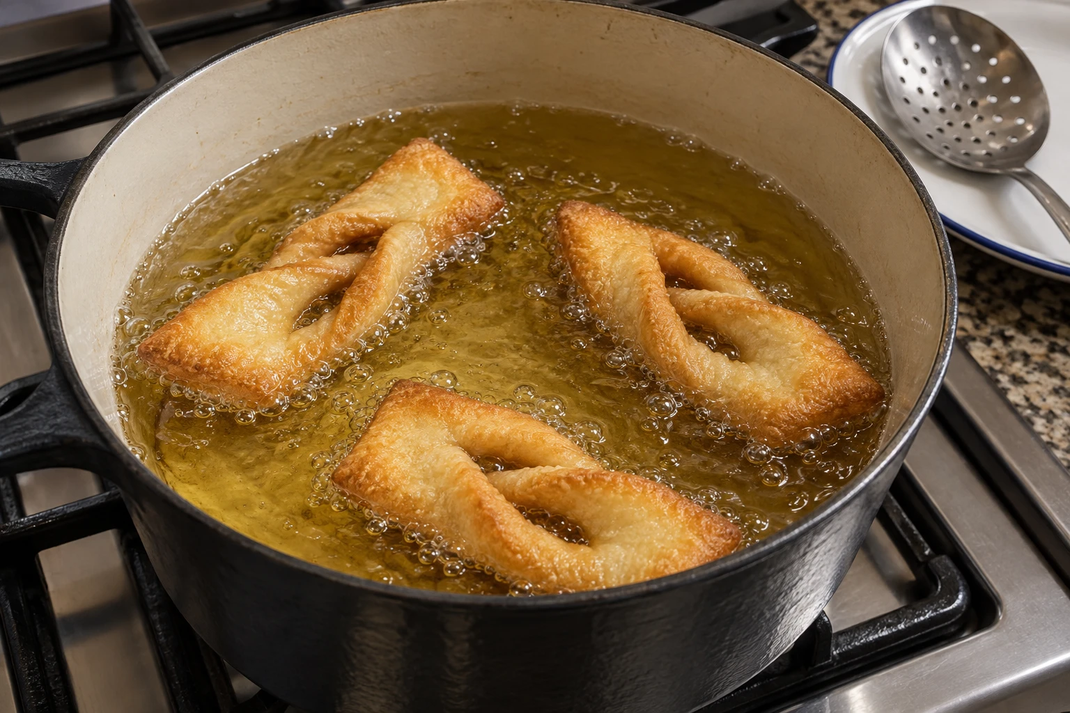 Three golden cueca virada twists frying with space between them in a deep pot of oil.