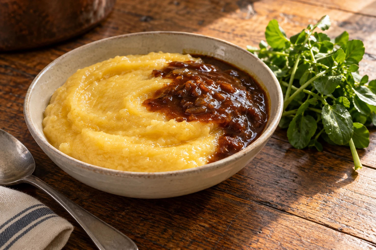 Creamy yellow polenta with a spoonful of brown stew sauce and watercress beside it