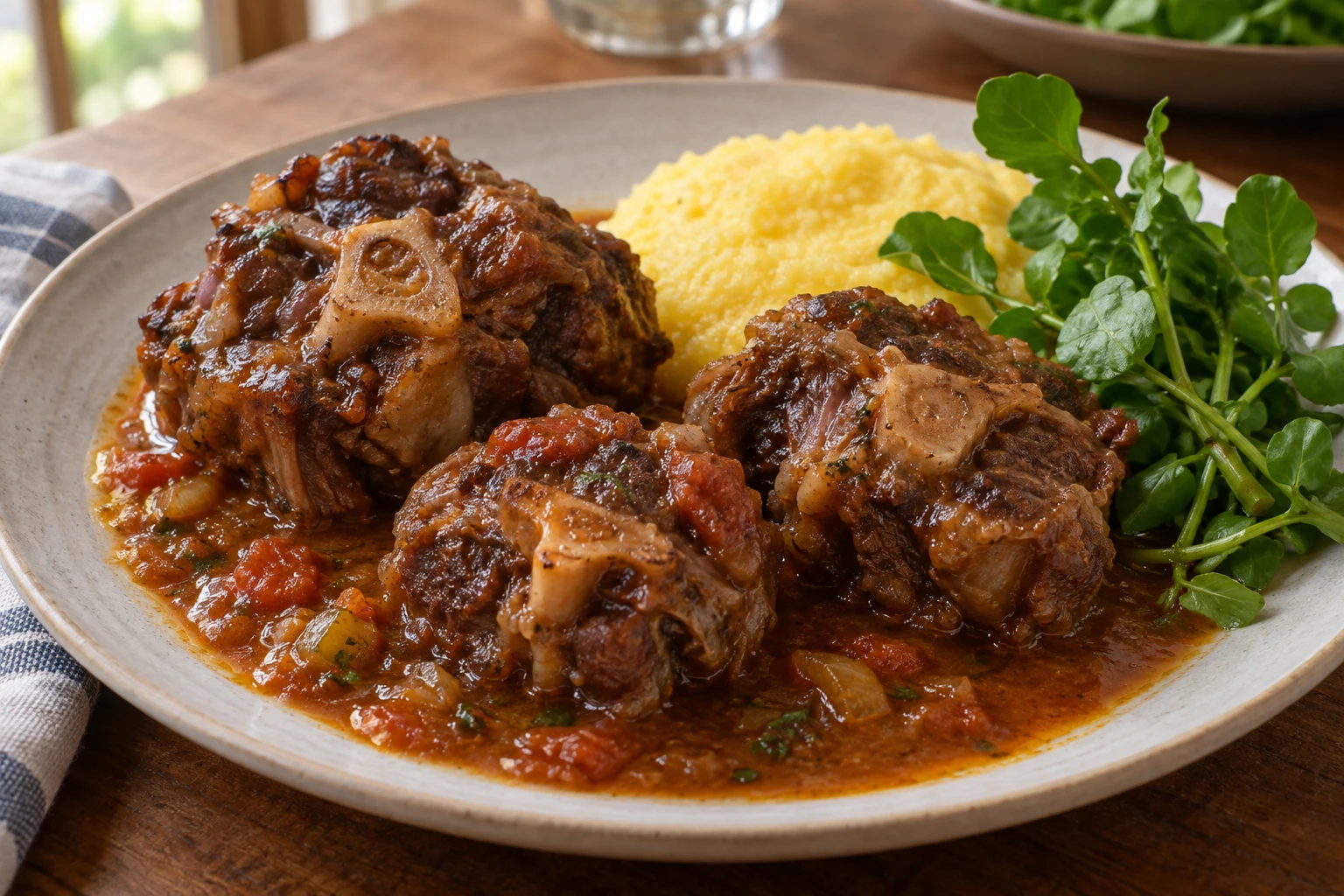 Tender bone-in oxtail pieces in tomato sauce beside yellow cornmeal and green watercress