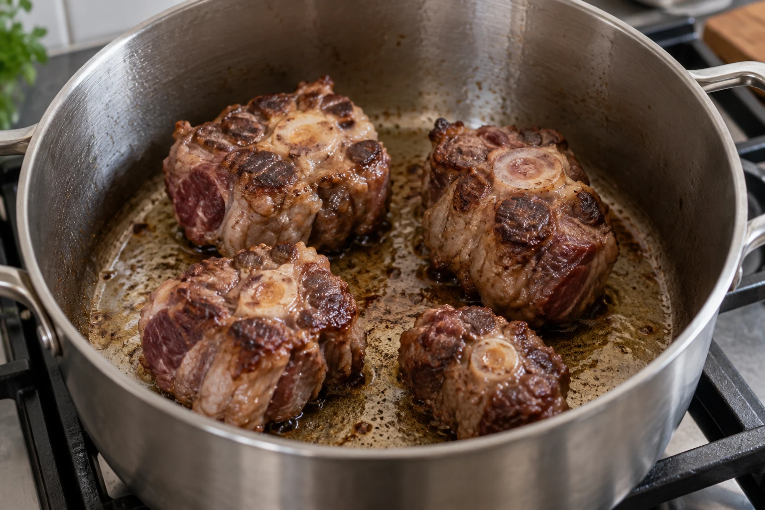 Small cross-cut oxtail pieces browning in one layer in an uncovered pot
