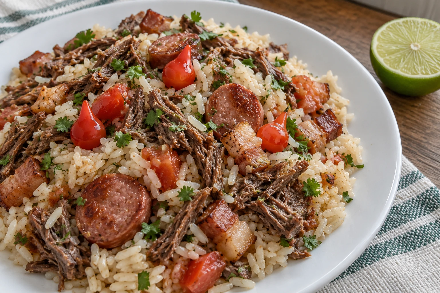 Rice with shredded cooked charque, browned bacon and sausage, tomato, red biquinho peppers and herbs, beside a lime half.