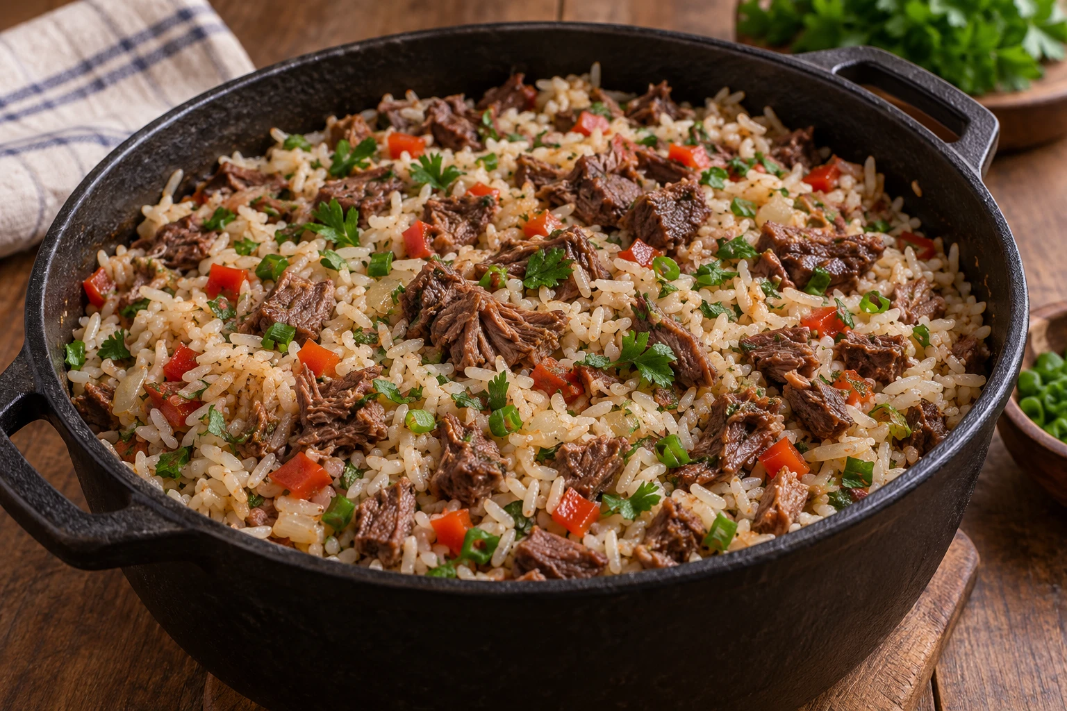 An iron pot of rice with brown cooked charque pieces, diced red pepper and chopped green herbs.