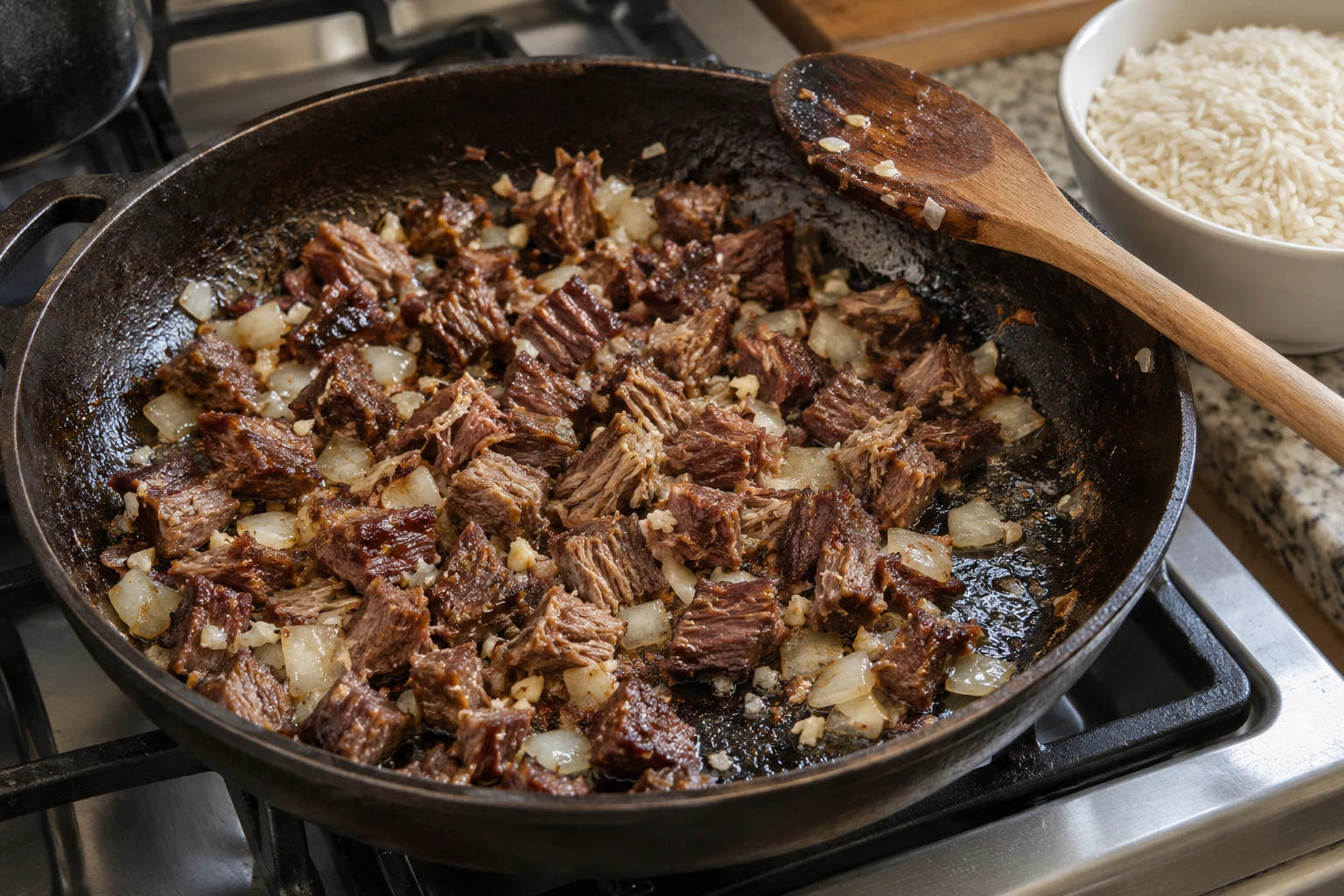 Brown cooked charque with softened onion and garlic in an iron pan, beside a bowl of uncooked white rice.