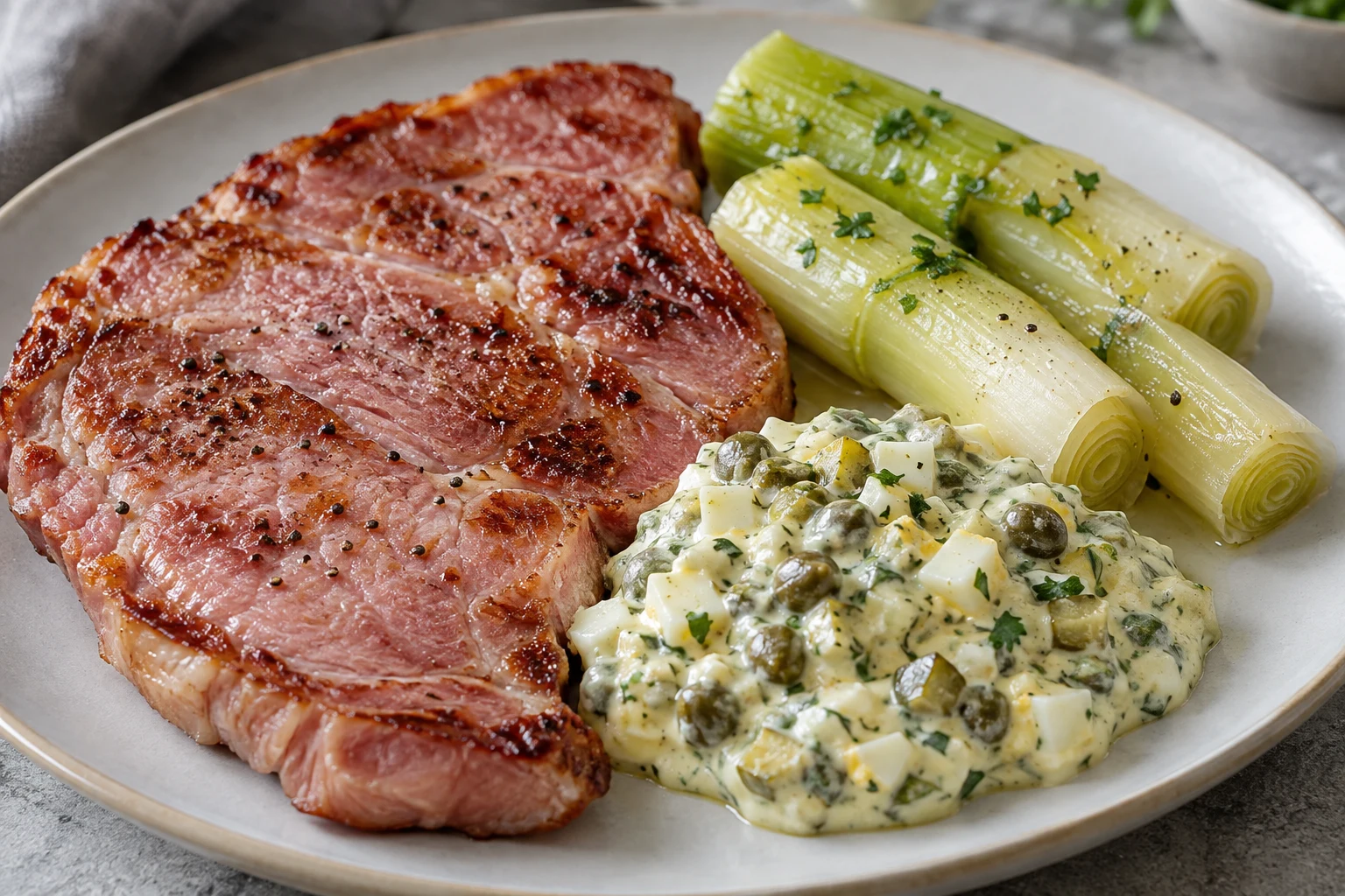 Cooked gammon beside poached leek batons and a chunky pale egg, caper and herb gribiche sauce