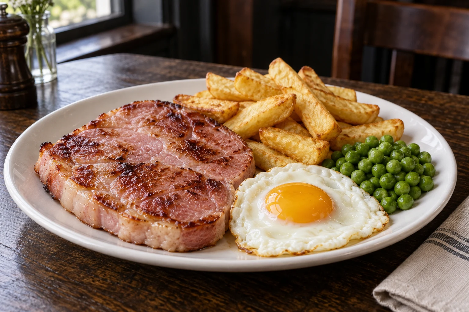 A browned gammon steak with a fried egg, thick golden chips and green peas on a pub plate