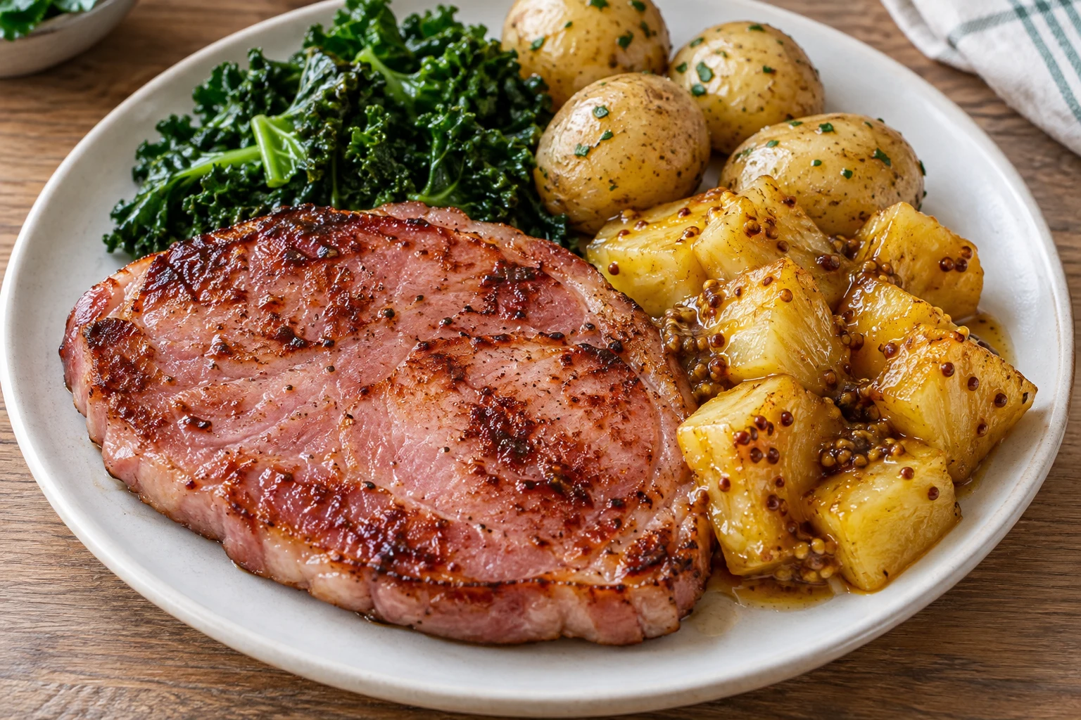 Seared gammon with glazed pineapple chunks and mustard seeds beside cooked potatoes and kale