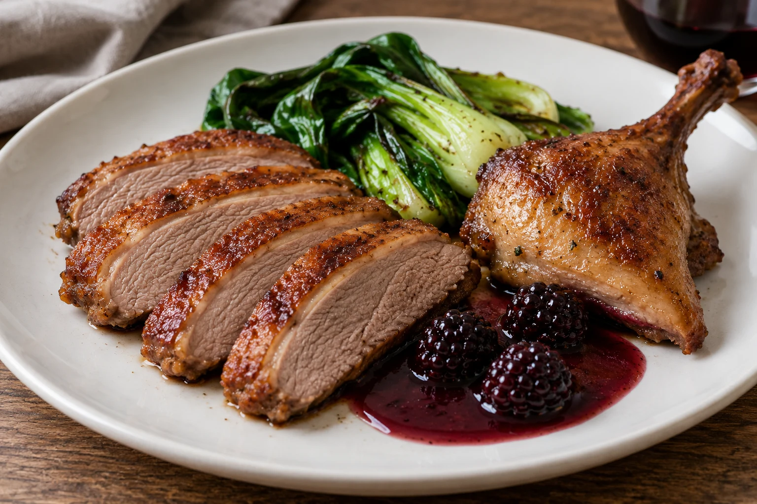 Fully cooked duck breast slices and a leg with blackberry sauce and green pak choi