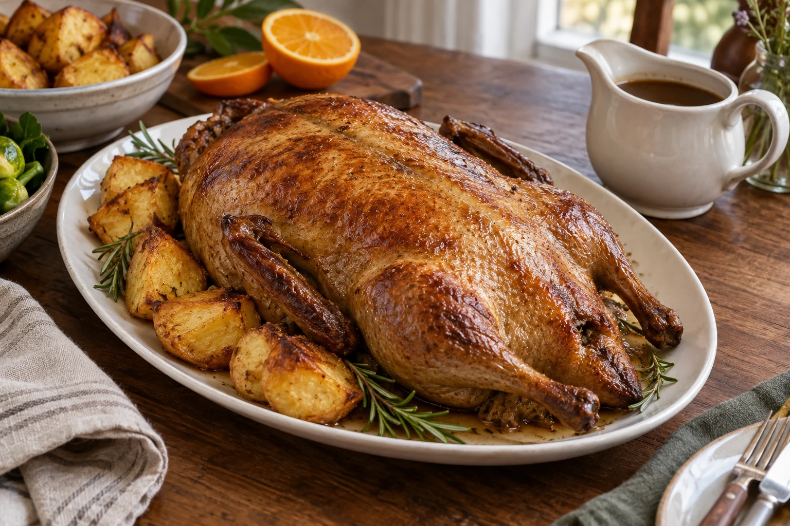 Whole roast duck with golden-brown skin, roast potatoes, rosemary and a gravy jug