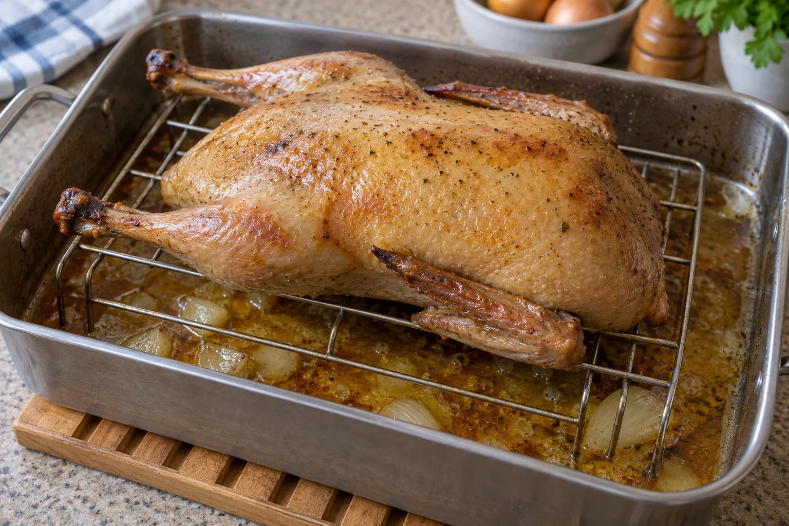 Roasted duck on a wire rack above a deep tin collecting fat, juices and softened onions