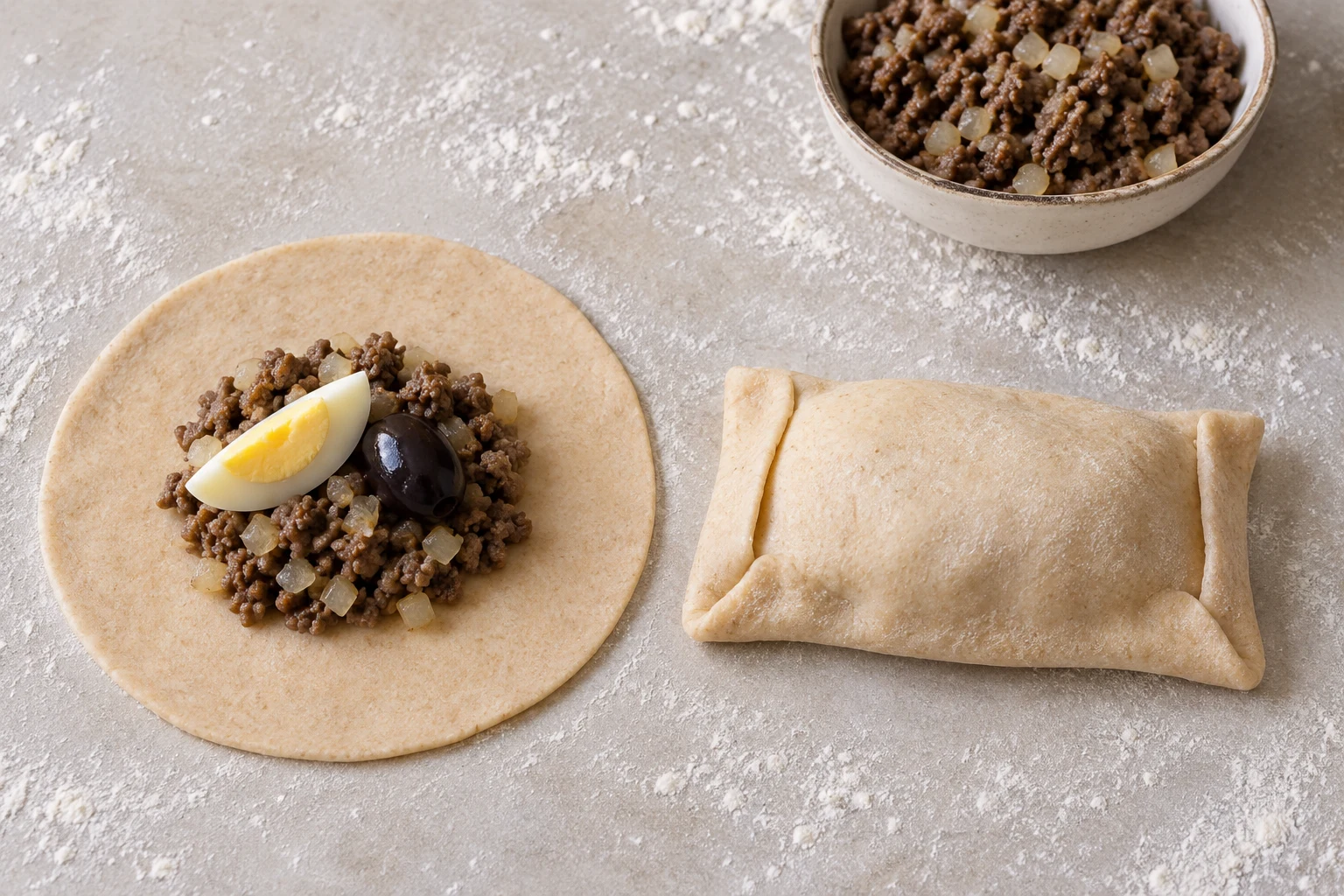 Cooked beef and onion, an egg quarter and a black olive centered on a dough disk beside a folded unbaked empanada