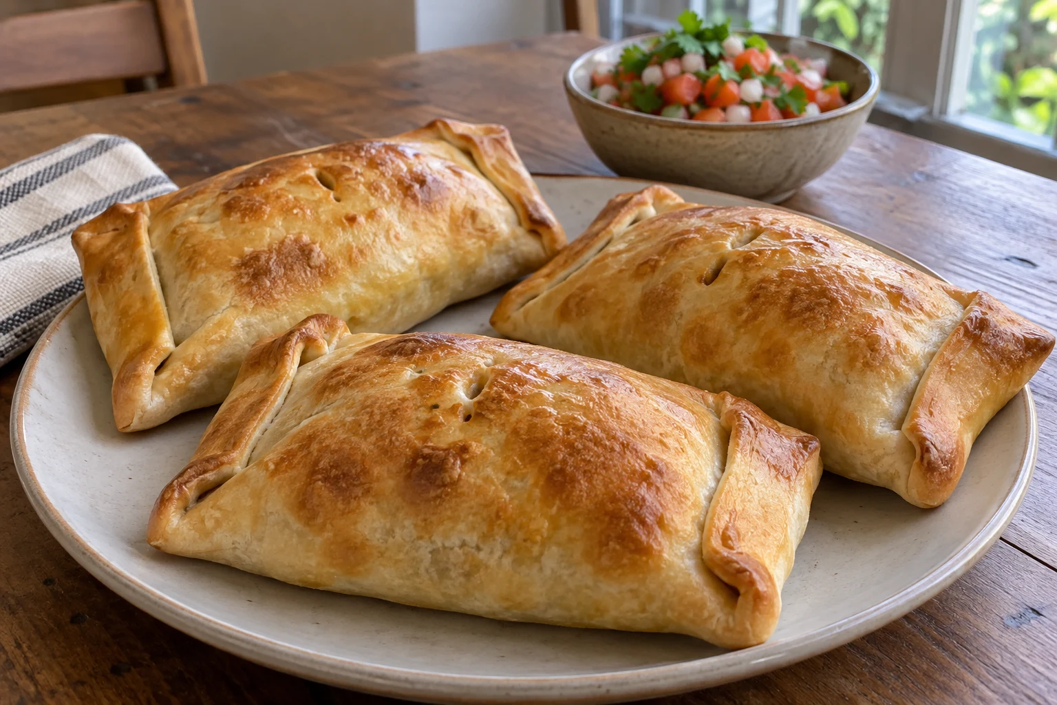 Three golden Chilean baked empanadas with folded corners beside chopped tomato pebre