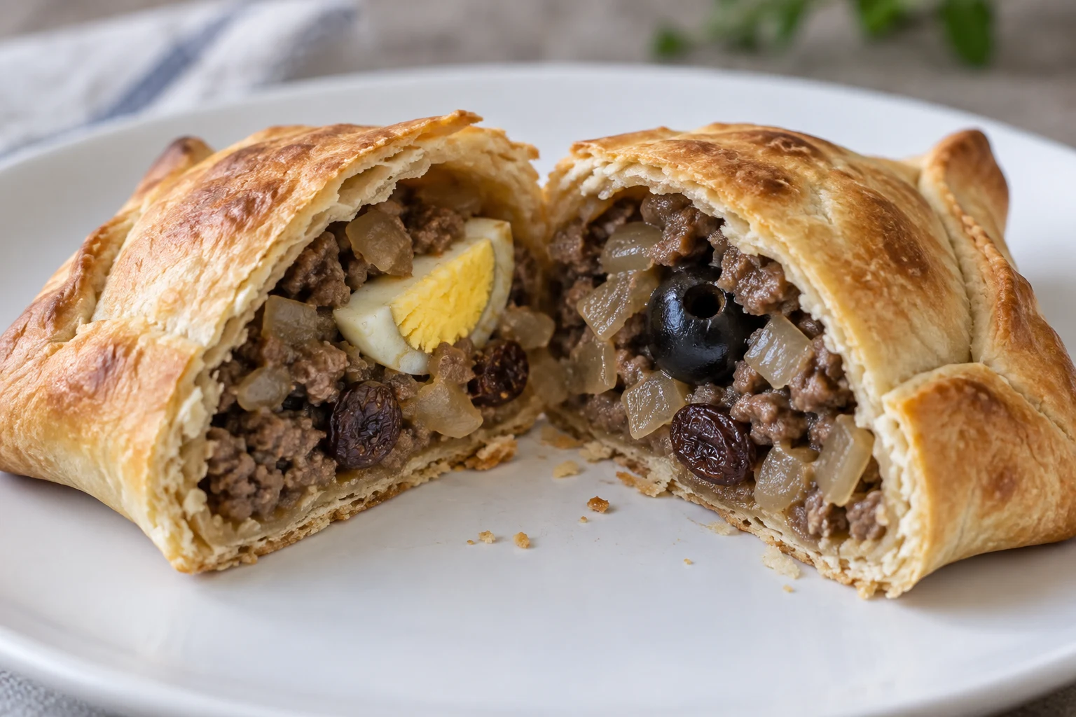 A cut baked empanada showing cooked beef, translucent onion, hard-boiled egg, black olive and raisins