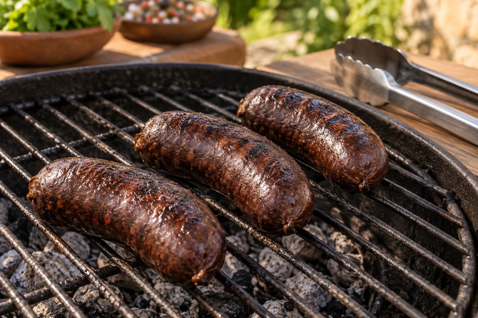 Three intact dark prieta links with light grill marks gently warming on a grate, with tongs resting nearby