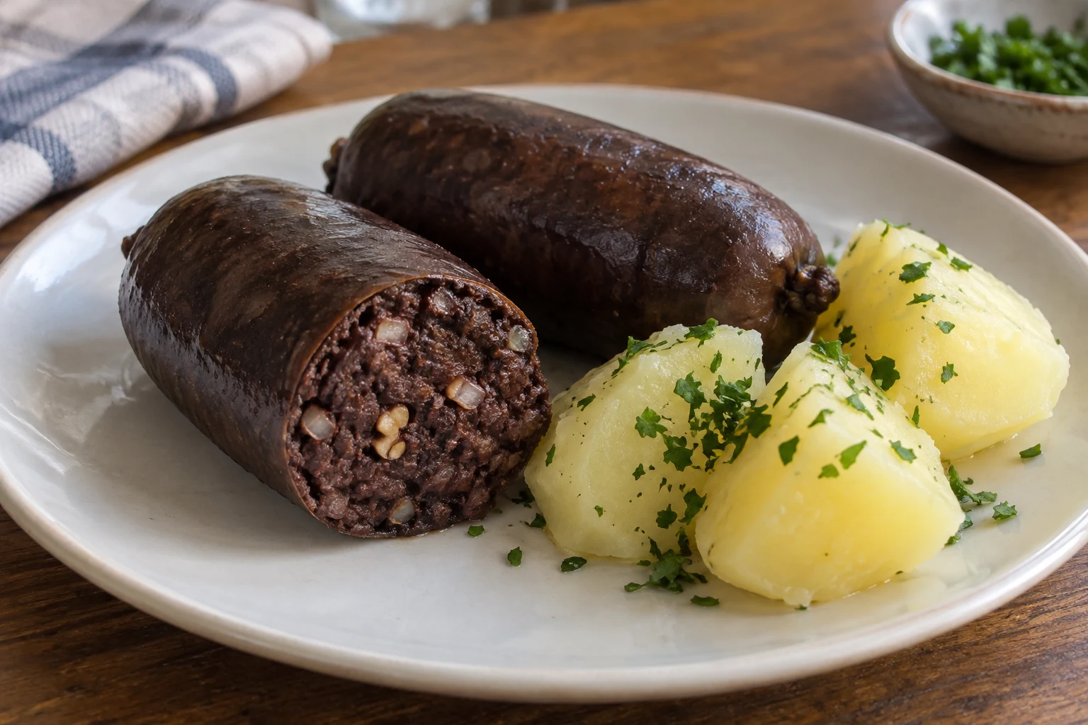 Dark cooked prieta sausages, one cut to show a soft fine filling, beside peeled boiled potatoes with parsley