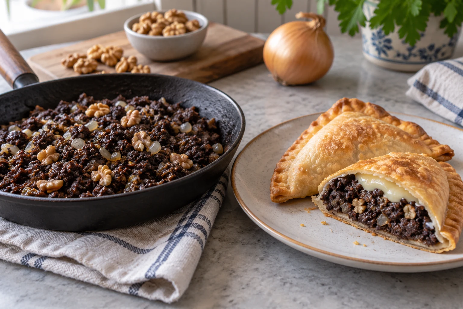 Cooked dark prieta filling with softened onion and walnut pieces in a small skillet beside golden empanadas, one cut open to show filling and cheese
