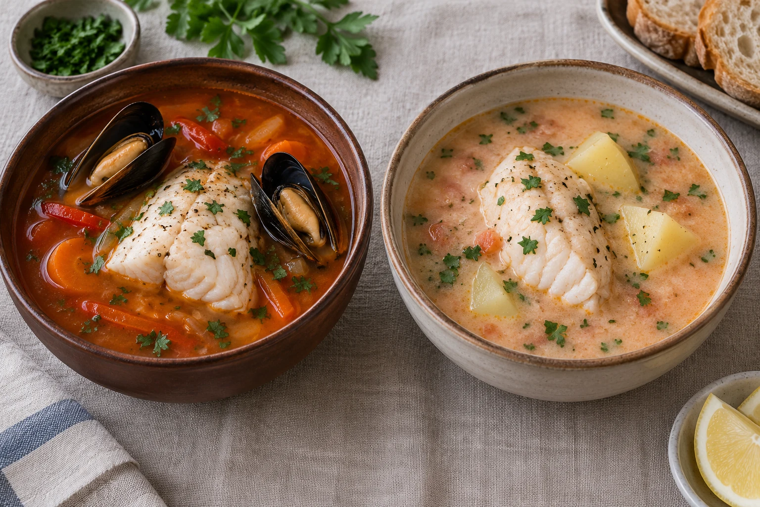 Two fish soups: red broth with opened mussels and a paler dairy-enriched broth with potatoes
