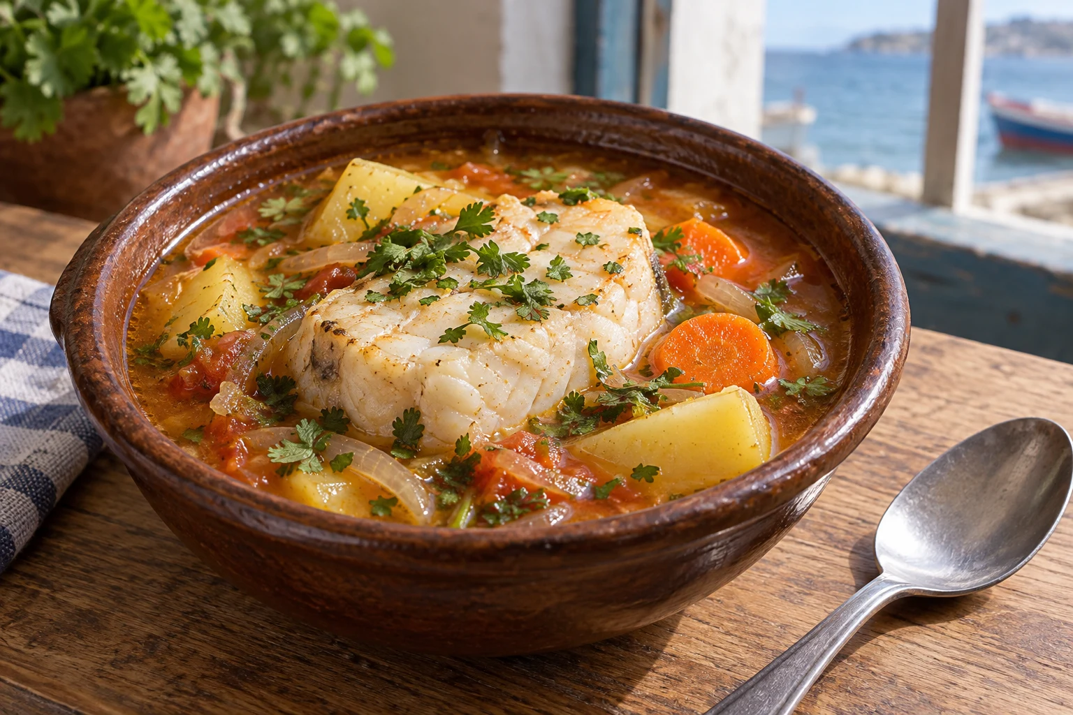 Opaque cooked white fish portion with potatoes, carrot and herbs in reddish broth inside a brown earthenware bowl