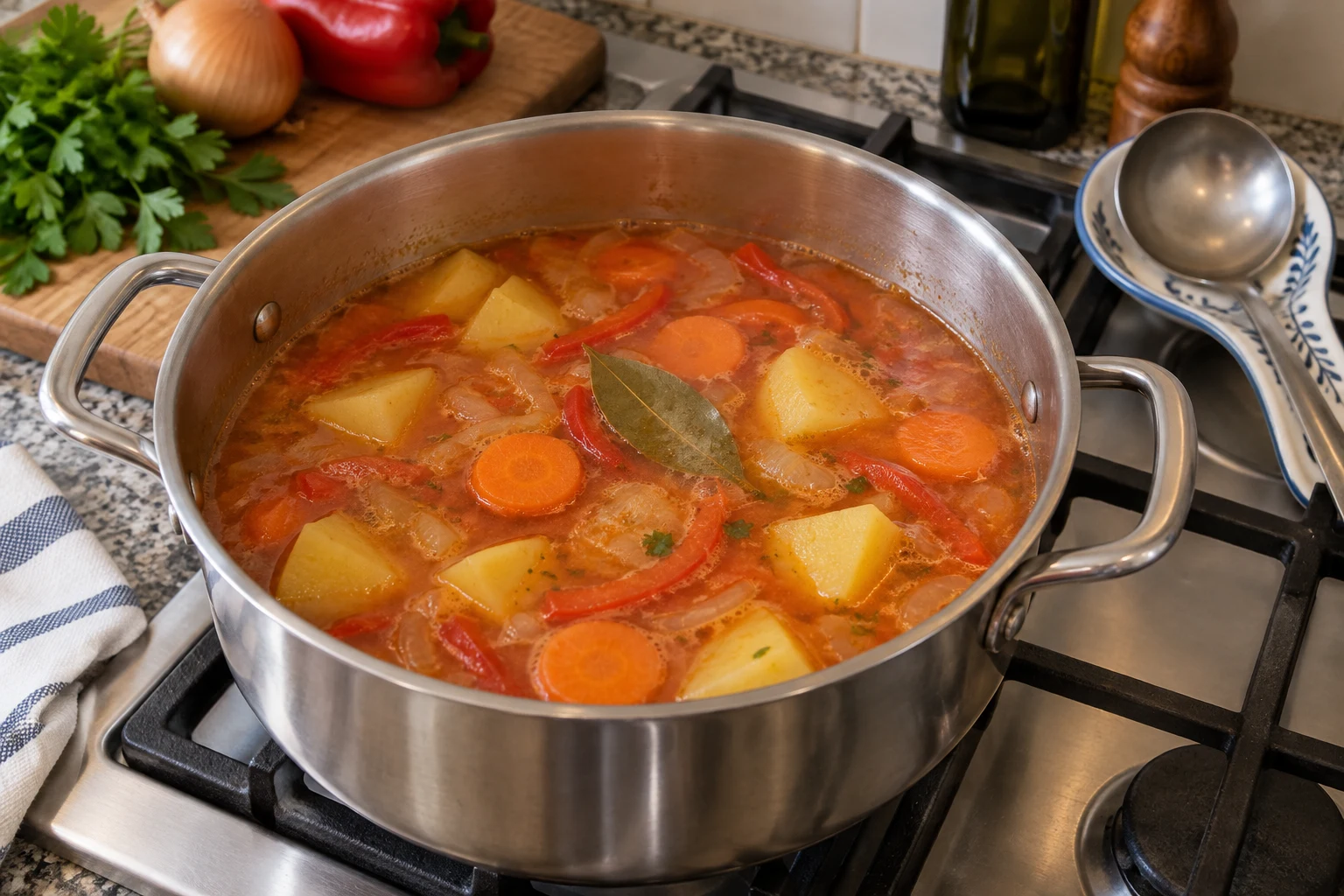 Potato chunks, carrot rounds, onion and pepper simmering in a wide saucepan before fish is added