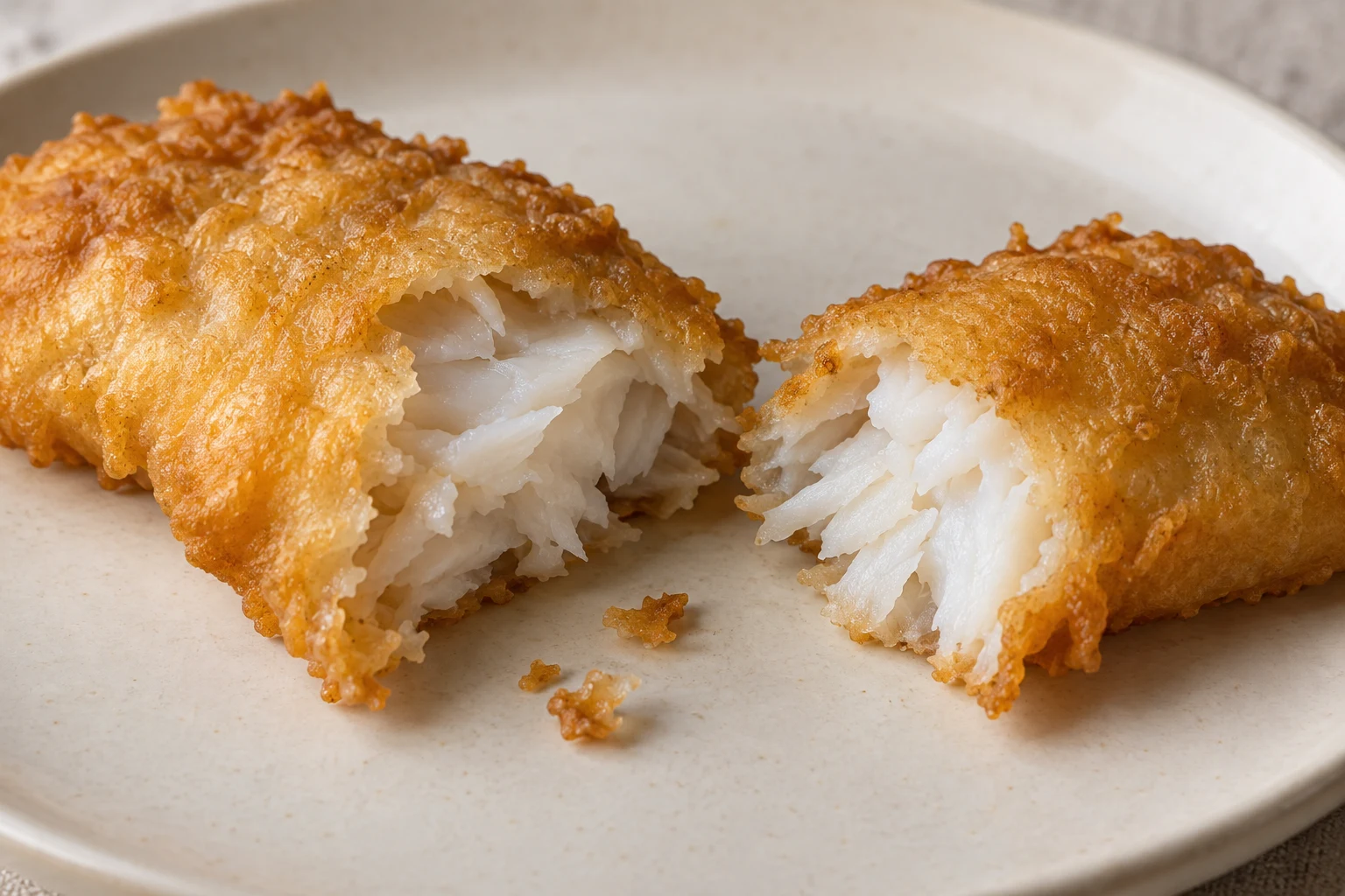 A battered fish portion broken into two pieces, revealing moist white flakes beneath a thin golden crust