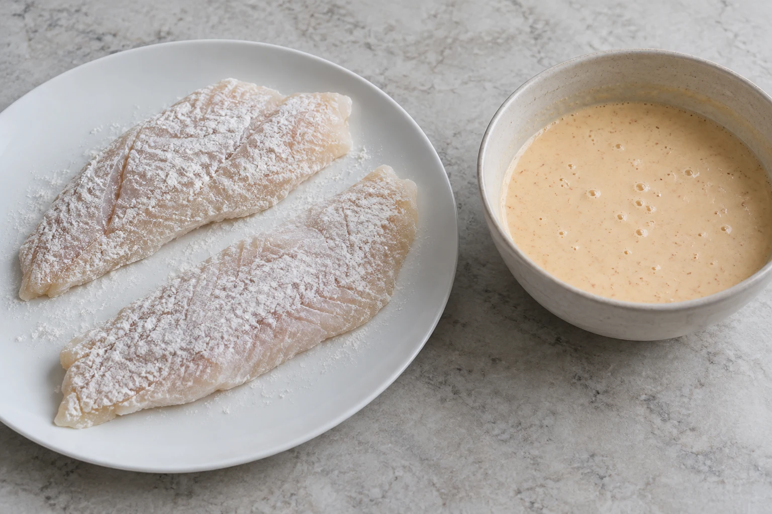 Two lightly flour-dusted skinless fish portions on a plate beside a separate bowl of pale beer batter
