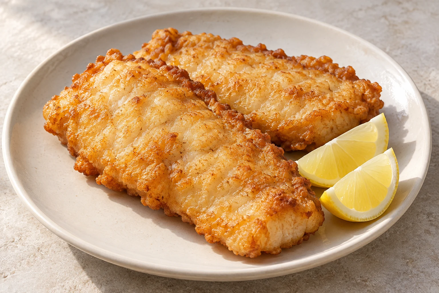 Two golden battered fish portions on a plain plate beside two lemon wedges