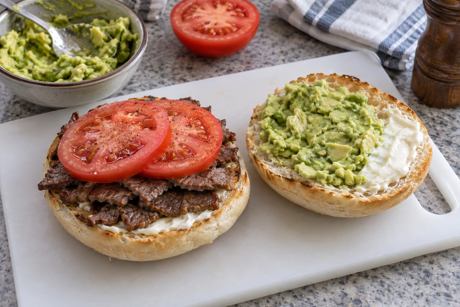 Open bread halves with cooked beef and tomato on the base and mashed avocado on the lid