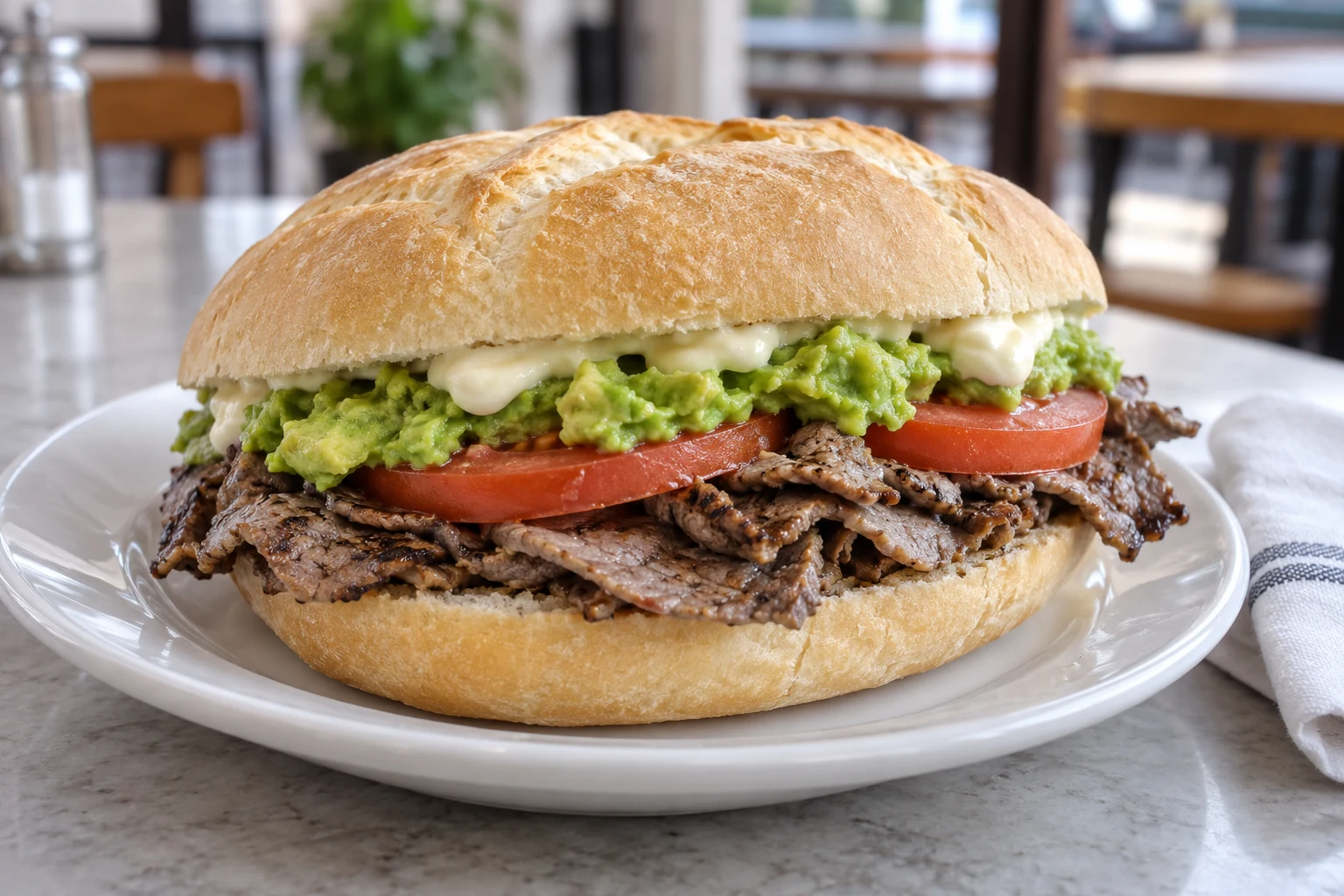 Round bread roll filled with thin browned beef, red tomato slices, mashed avocado and white mayonnaise