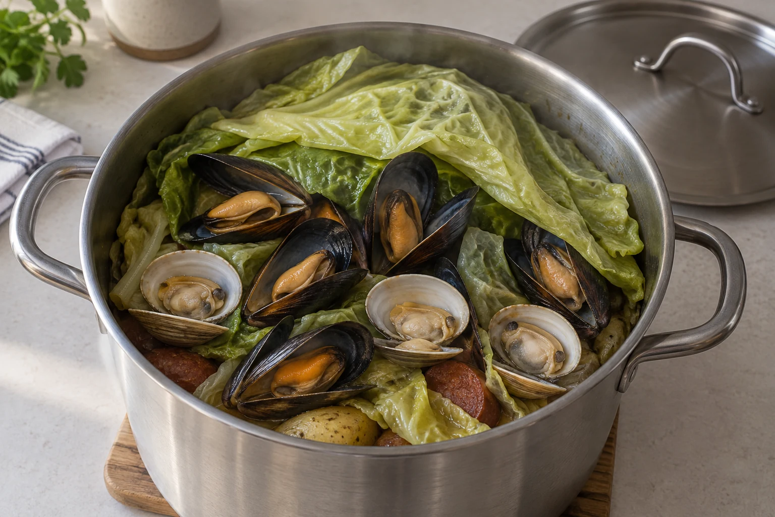 Cooked cabbage leaves folded back over open mussels and clams in a tall pot of pulmay