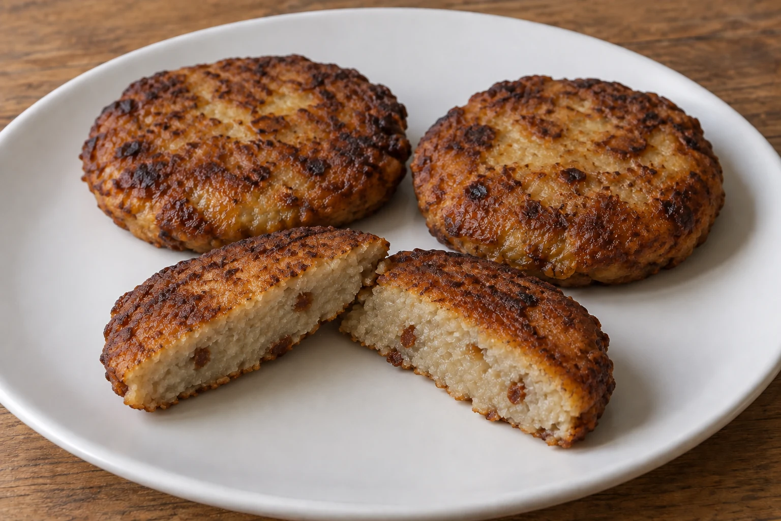 Fried milcaos with one cut open to show dense potato dough and small pieces of pork crackling